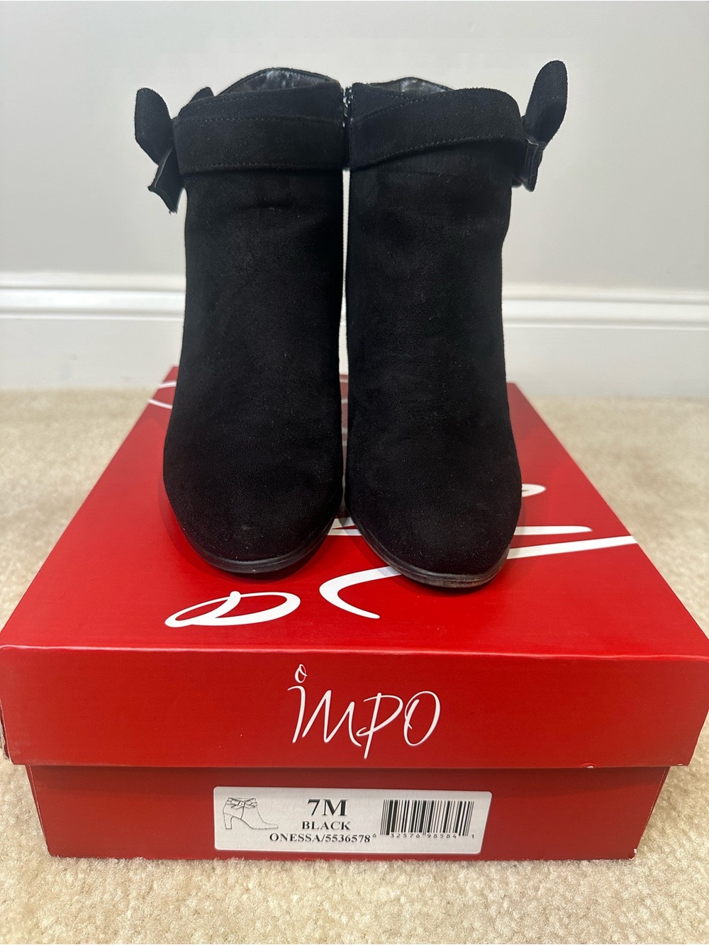 IMPO Black Suede Ankle Booties with Bow Accent